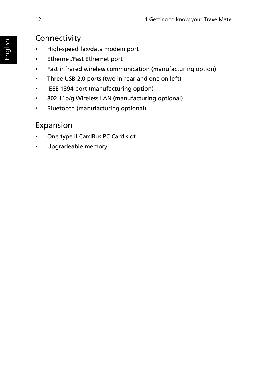 Connectivity, Expansion | Acer TravelMate 4050 User Manual | Page 20 / 92