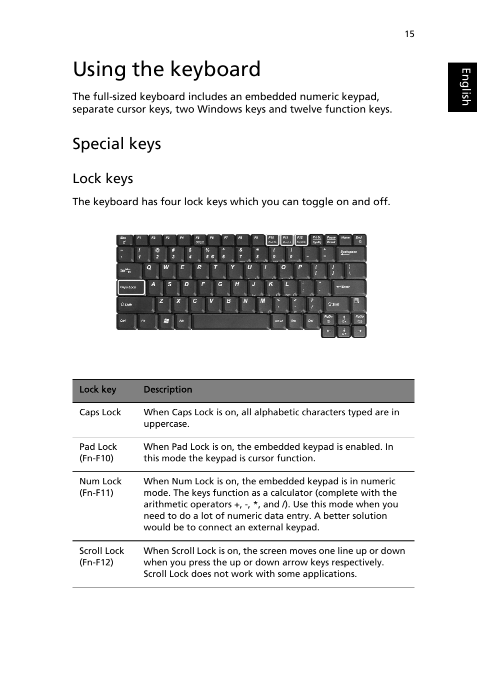 Using the keyboard, Special keys, Lock keys | Acer TravelMate 4050 User Manual | Page 23 / 92