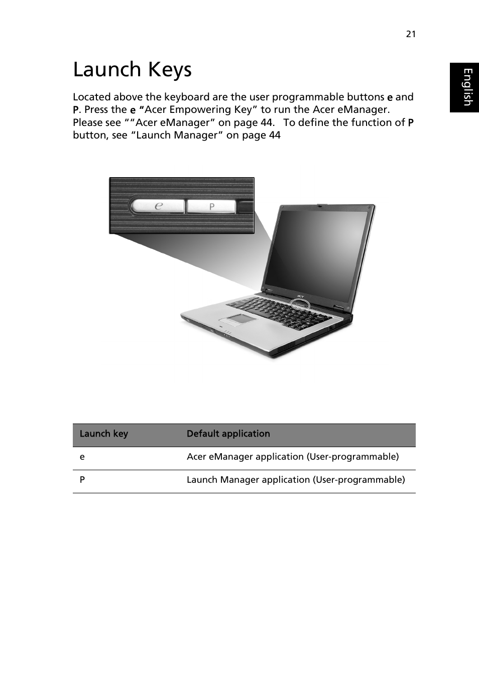 Launch keys | Acer TravelMate 4050 User Manual | Page 29 / 92