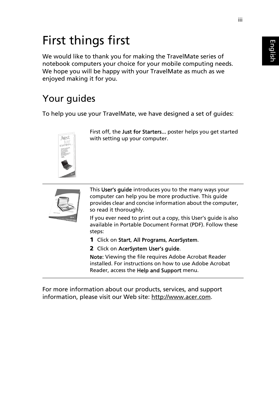 First things first, Your guides | Acer TravelMate 4050 User Manual | Page 3 / 92