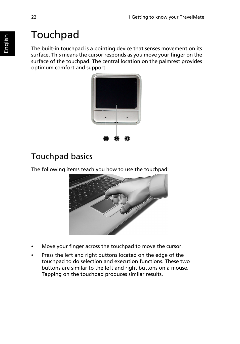 Touchpad, Touchpad basics | Acer TravelMate 4050 User Manual | Page 30 / 92