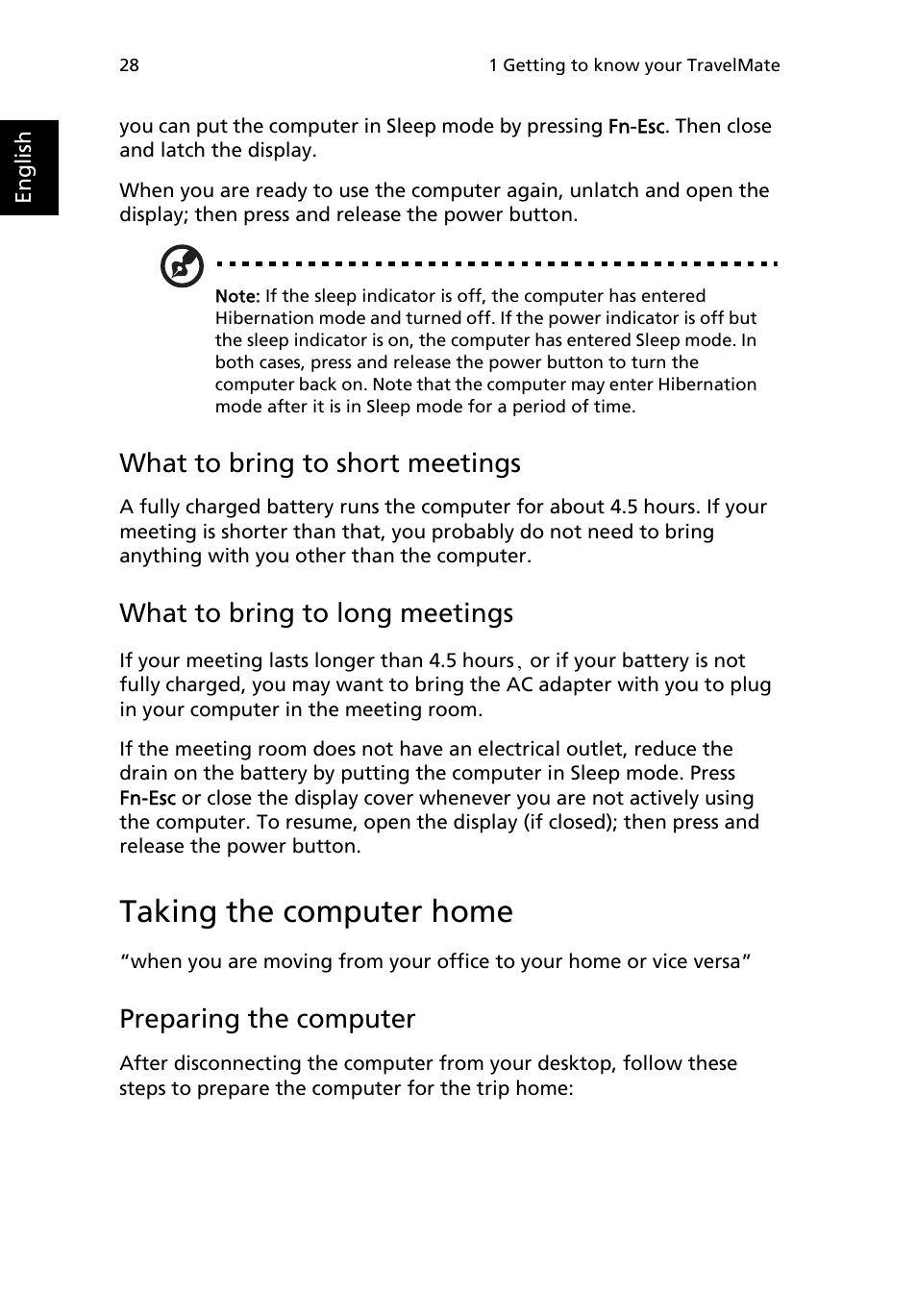 Taking the computer home, What to bring to short meetings, What to bring to long meetings | Preparing the computer | Acer TravelMate 4050 User Manual | Page 36 / 92