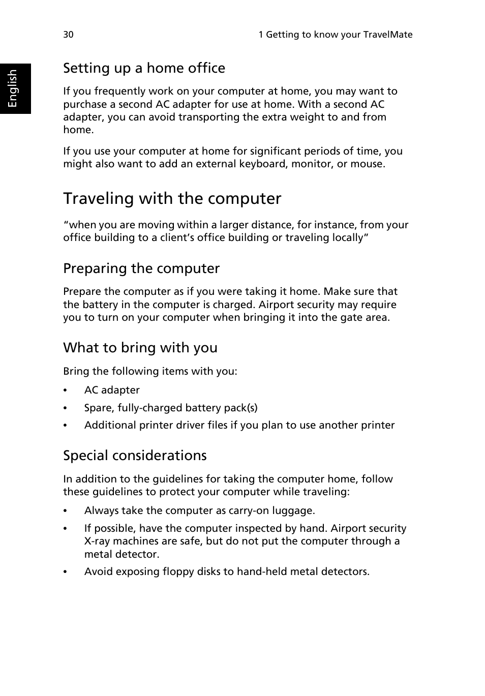 Traveling with the computer, Setting up a home office, Preparing the computer | What to bring with you, Special considerations | Acer TravelMate 4050 User Manual | Page 38 / 92