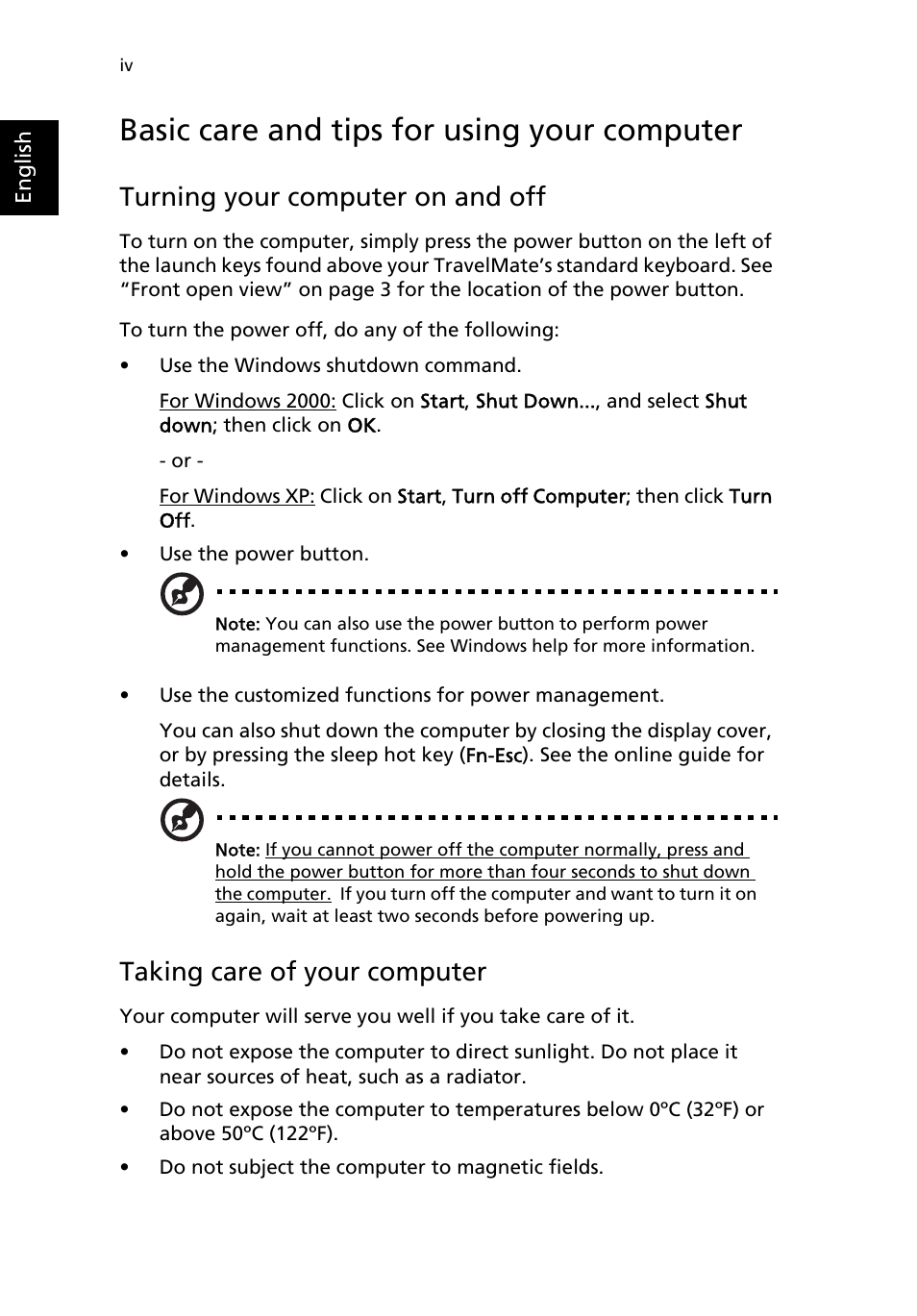 Basic care and tips for using your computer, Turning your computer on and off, Taking care of your computer | Acer TravelMate 4050 User Manual | Page 4 / 92