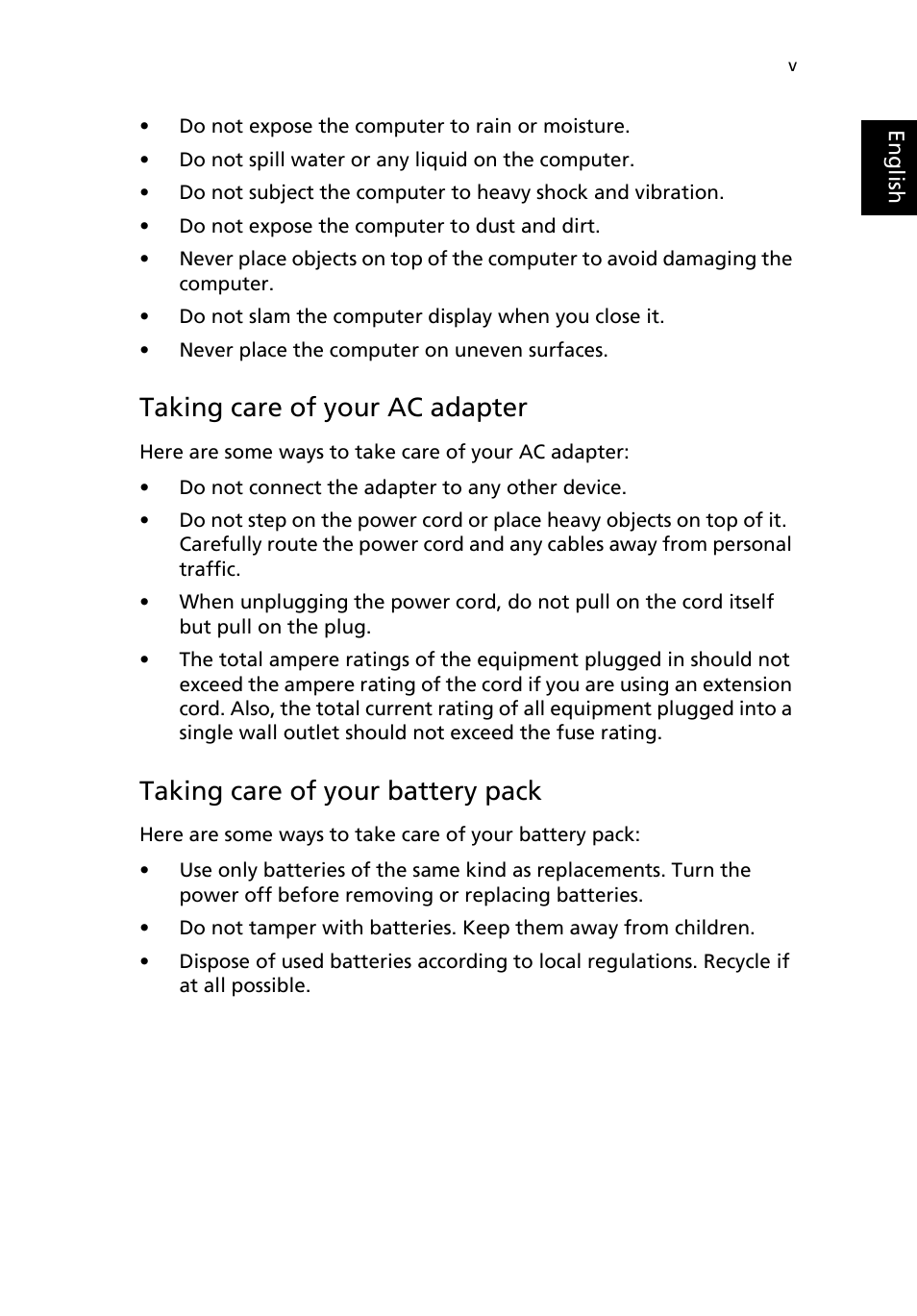 Taking care of your ac adapter, Taking care of your battery pack | Acer TravelMate 4050 User Manual | Page 5 / 92