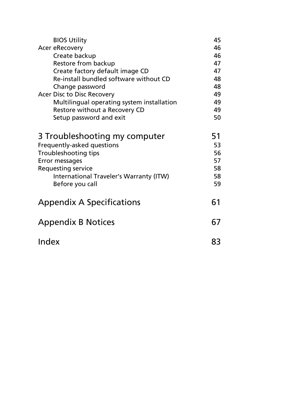 3 troubleshooting my computer 51 | Acer TravelMate 4050 User Manual | Page 8 / 92