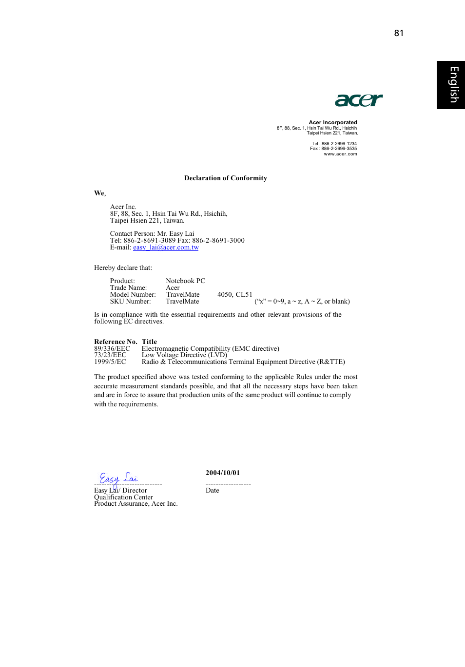 Eng lis h | Acer TravelMate 4050 User Manual | Page 89 / 92