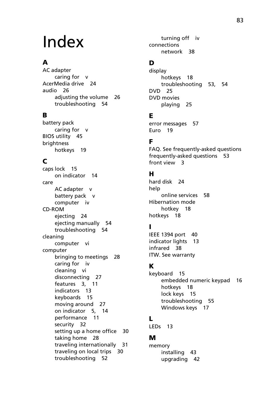 Index | Acer TravelMate 4050 User Manual | Page 91 / 92