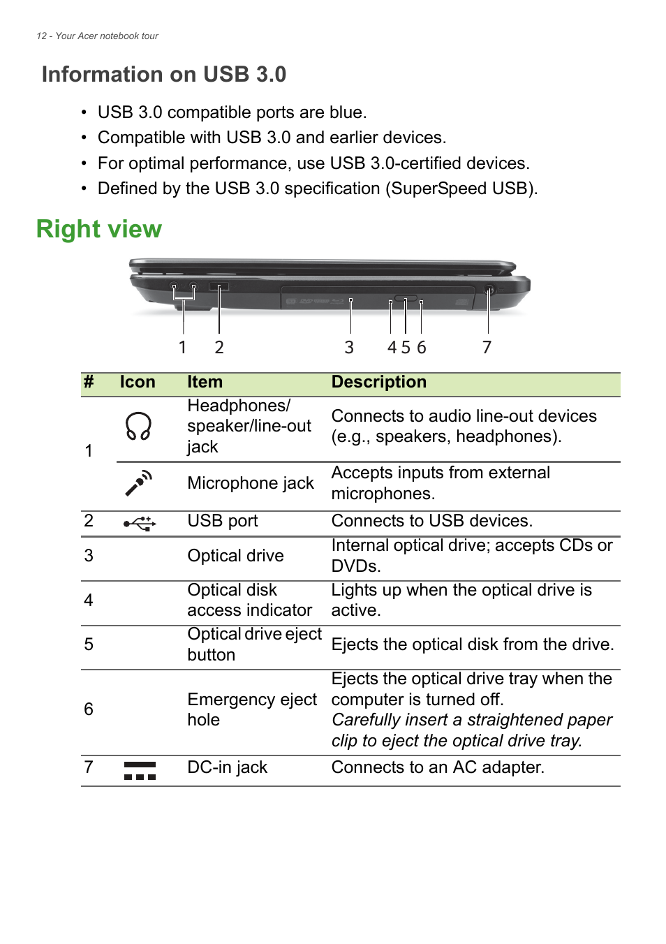 Information on usb 3.0, Right view | Acer Aspire E1-771 User Manual | Page 12 / 86