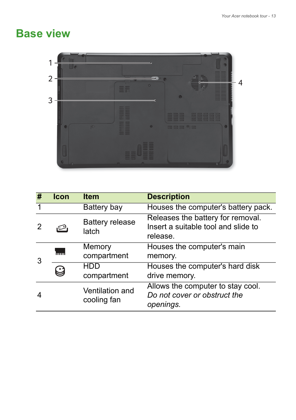 Base view | Acer Aspire E1-771 User Manual | Page 13 / 86