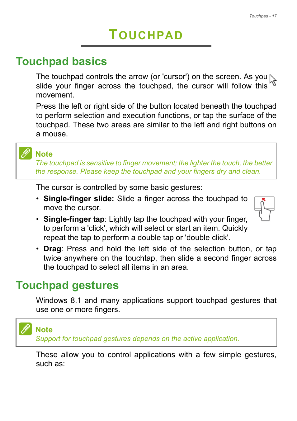 Touchpad, Touchpad basics, Touchpad gestures | Touchpad basics touchpad gestures, Ouchpad touchpad basics | Acer Aspire E1-771 User Manual | Page 17 / 86