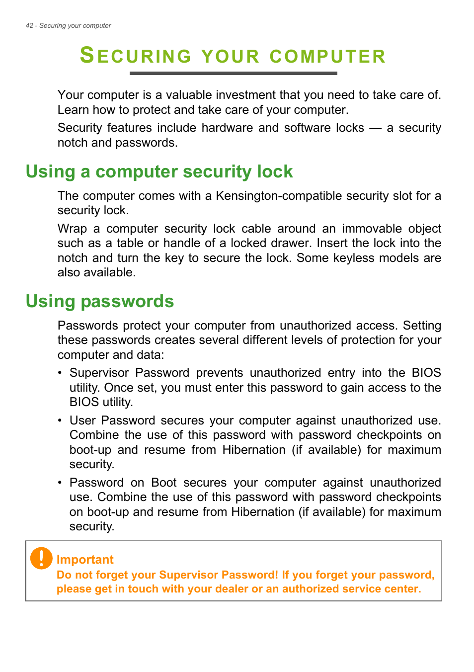 Securing your computer, Using a computer security lock, Using passwords | Using a computer security lock using passwords, Ecuring, Your, Computer | Acer Aspire E1-771 User Manual | Page 42 / 86