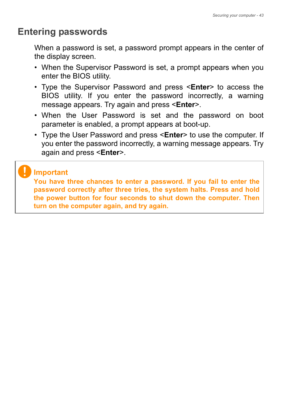 Entering passwords | Acer Aspire E1-771 User Manual | Page 43 / 86