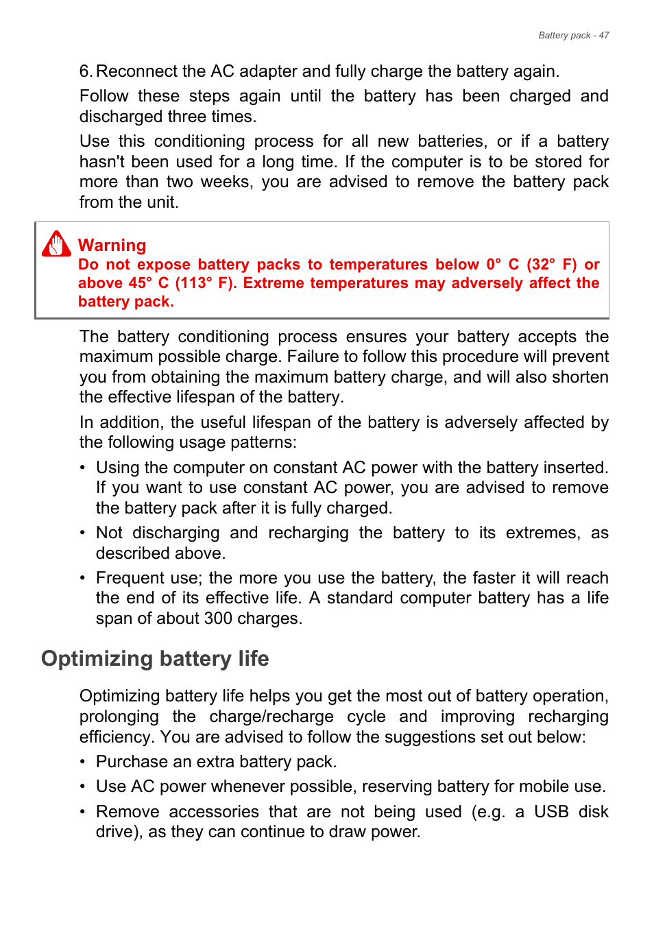 Optimizing battery life | Acer Aspire E1-771 User Manual | Page 47 / 86