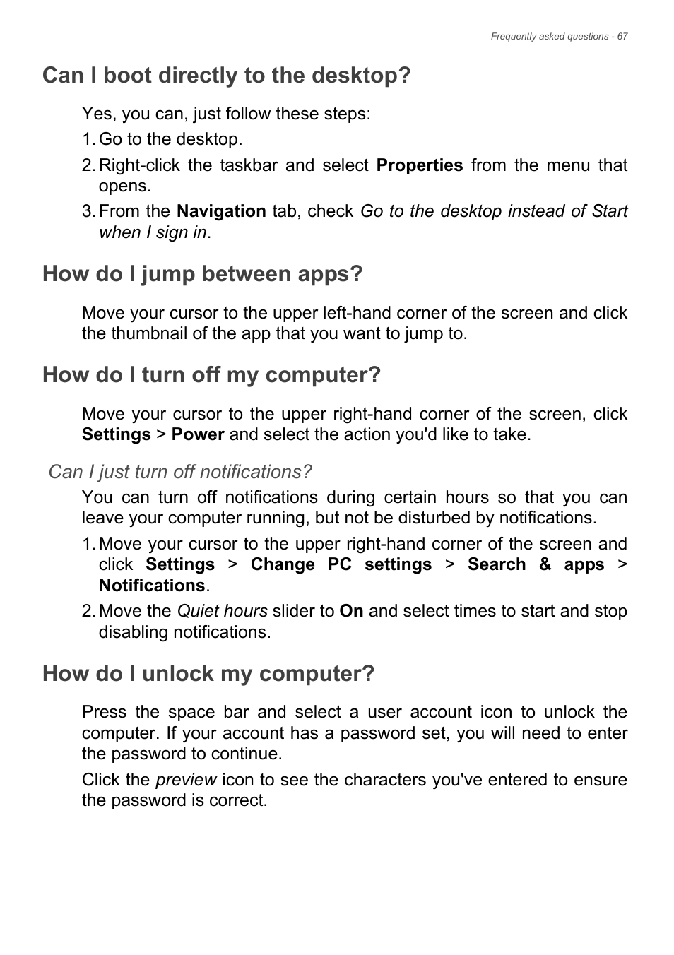 Can i boot directly to the desktop, How do i jump between apps, How do i turn off my computer | How do i unlock my computer | Acer Aspire E1-771 User Manual | Page 67 / 86