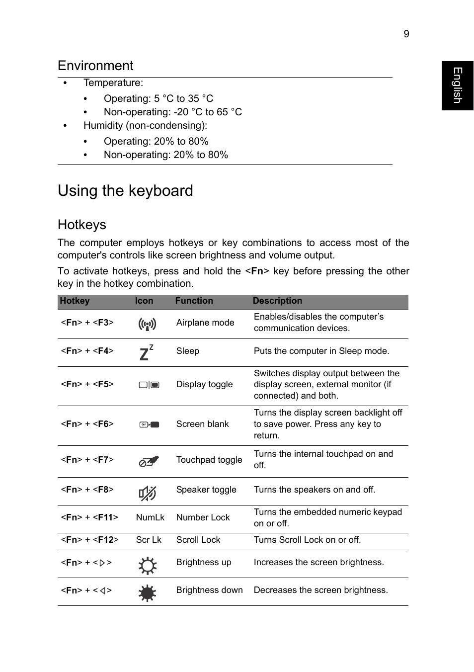 Environment, Using the keyboard, Hotkeys | Acer TravelMate P645-V User Manual | Page 9 / 10