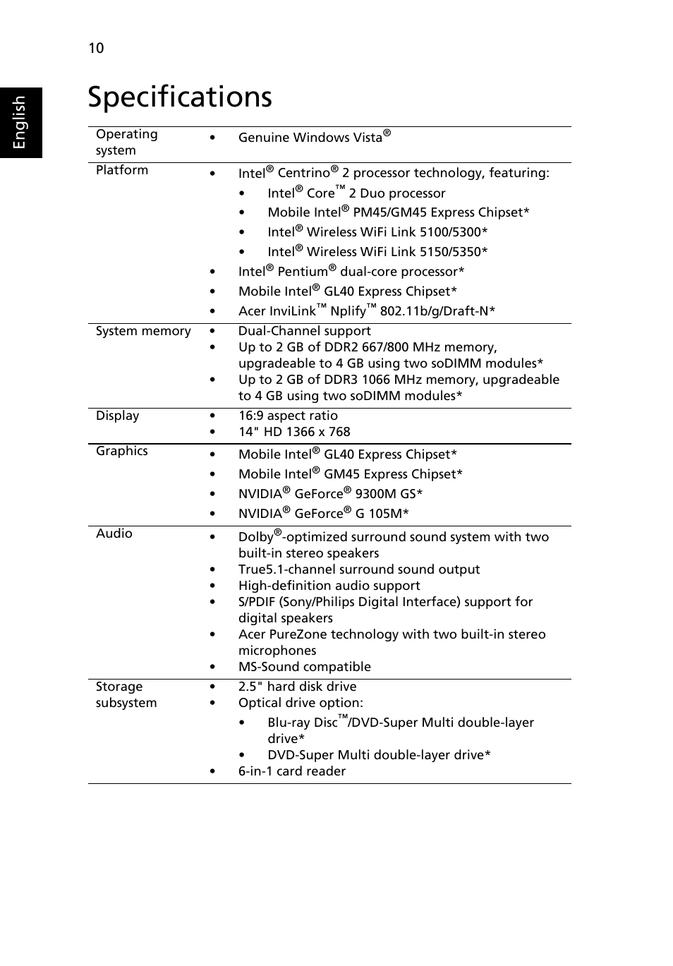 Specifications, English | Acer Aspire 4937 User Manual | Page 10 / 12