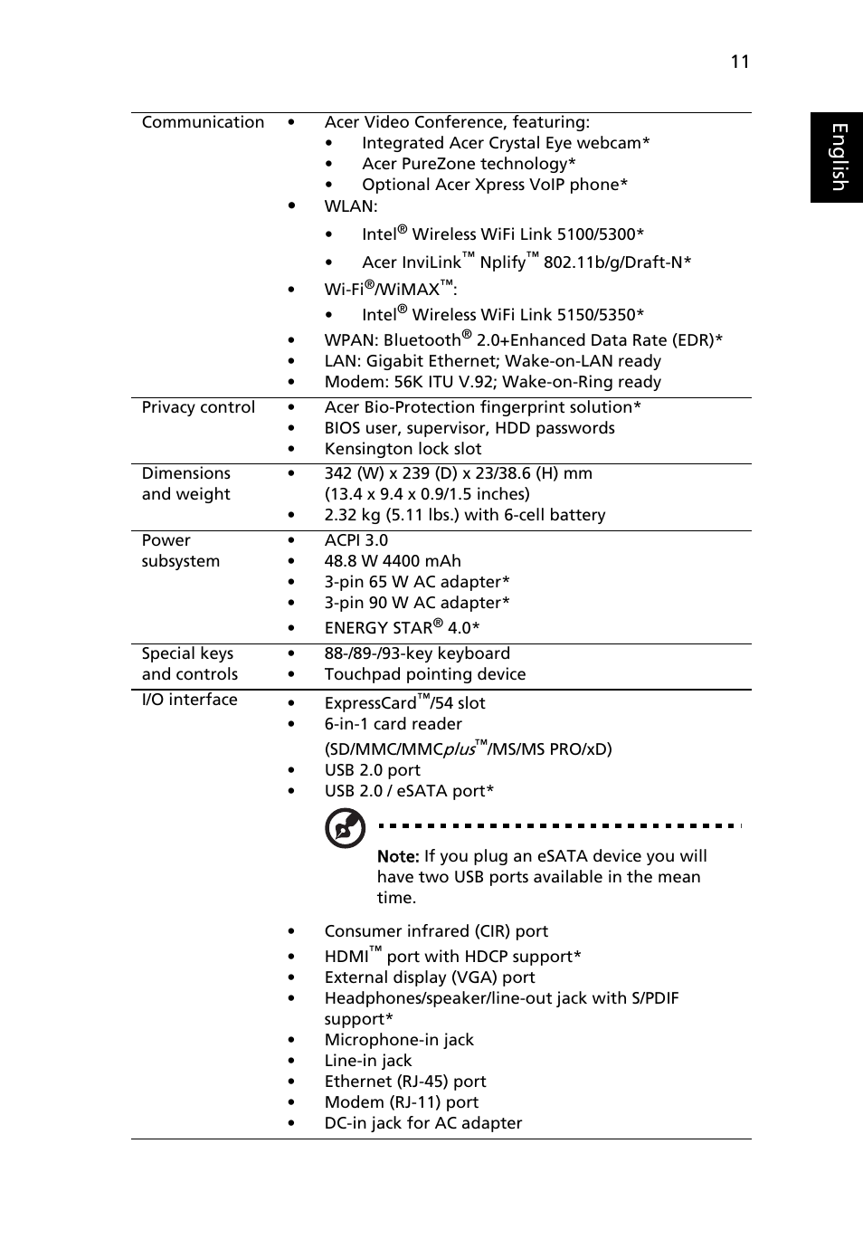 Eng lis h | Acer Aspire 4937 User Manual | Page 11 / 12