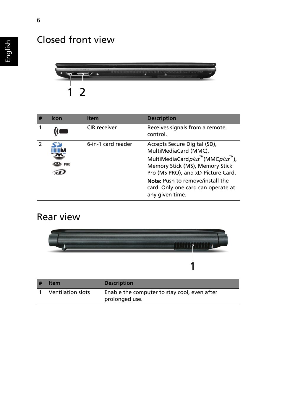 Closed front view, Rear view, Closed front view rear view | Acer Aspire 4937 User Manual | Page 6 / 12