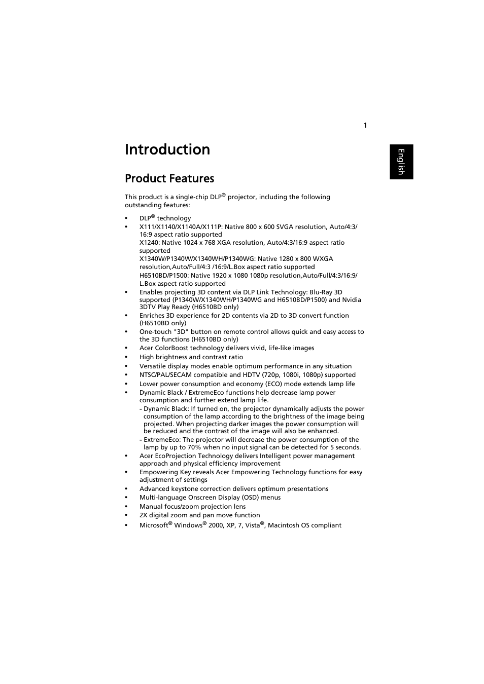 Introduction, Product features | Acer P1500 User Manual | Page 11 / 70