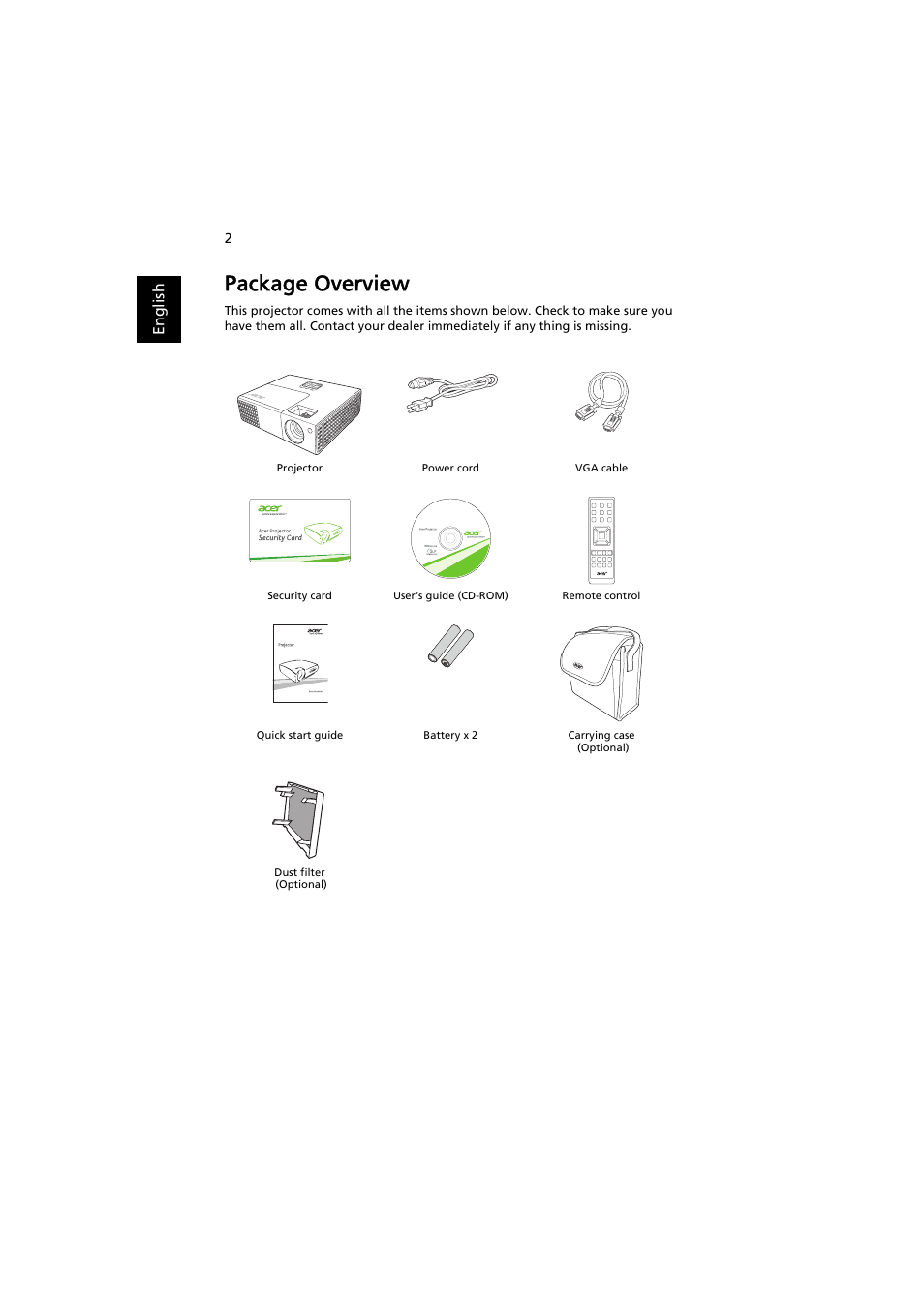 Package overview | Acer P1500 User Manual | Page 12 / 70