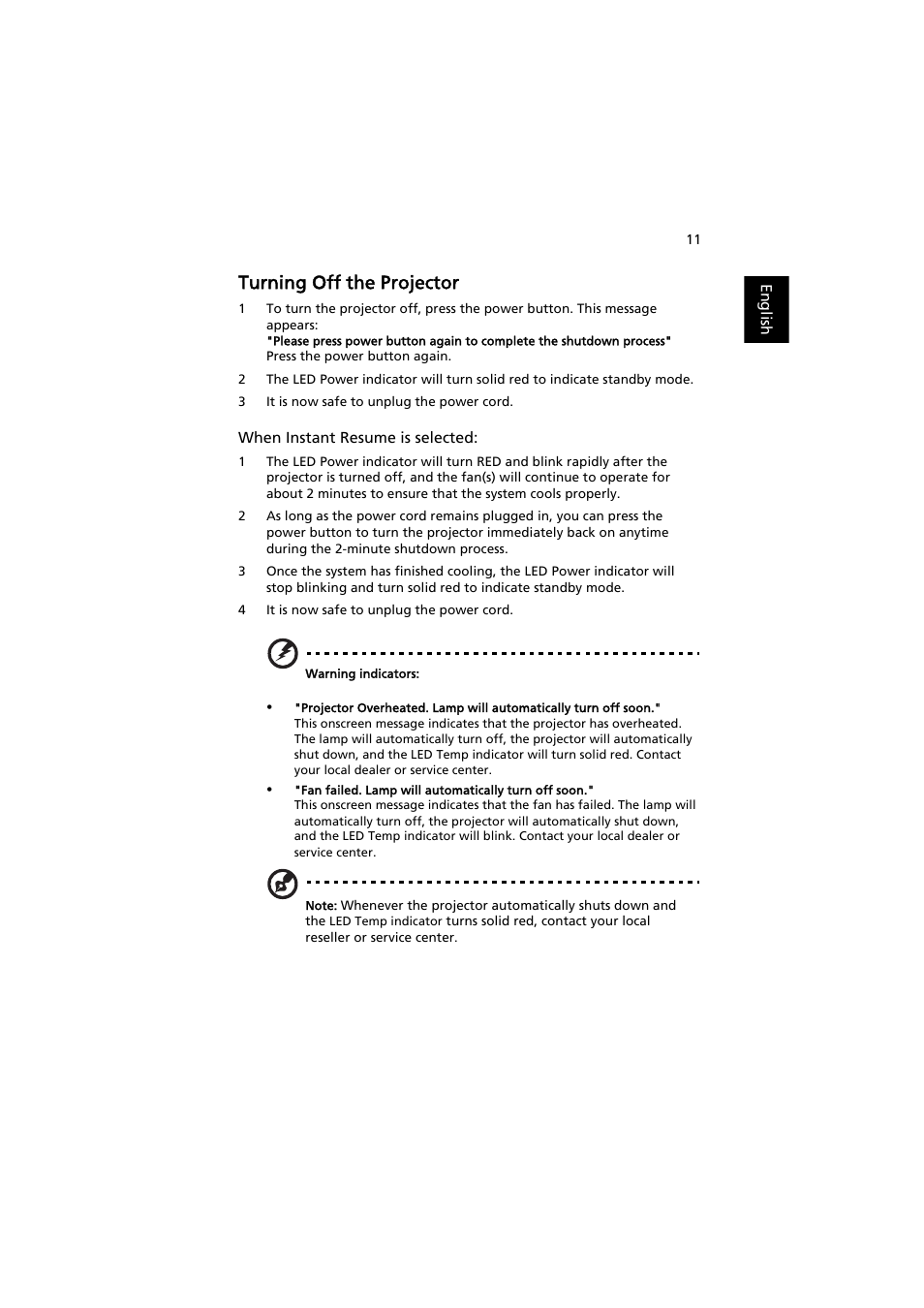 Turning off the projector | Acer P1500 User Manual | Page 21 / 70