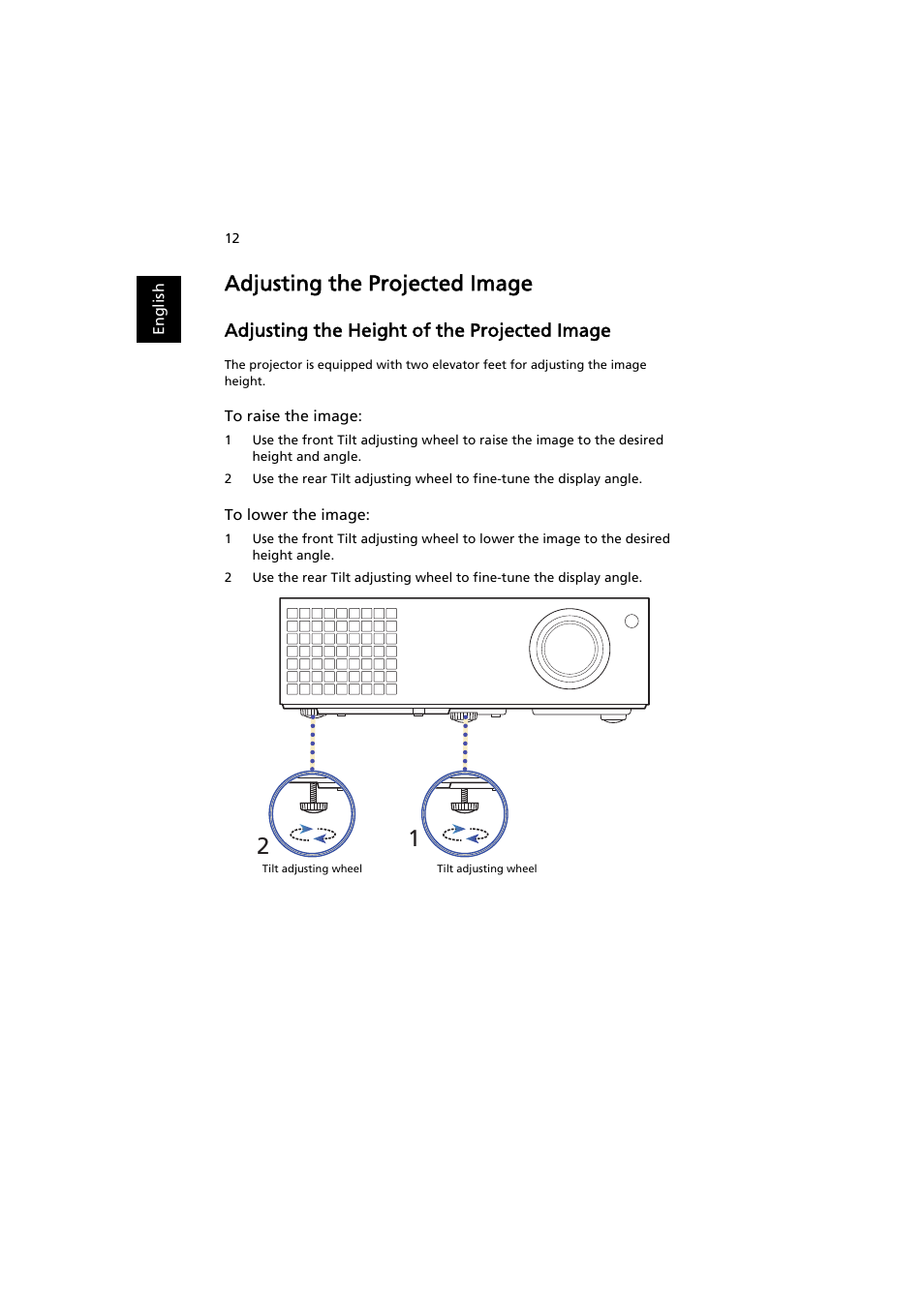 Adjusting the projected image, Adjusting the height of the projected image | Acer P1500 User Manual | Page 22 / 70