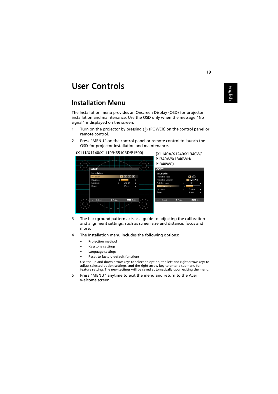 User controls, Installation menu | Acer P1500 User Manual | Page 29 / 70