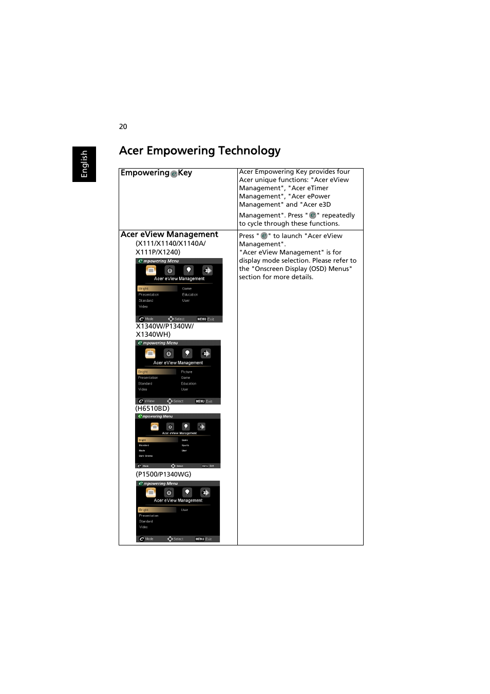 Acer empowering technology | Acer P1500 User Manual | Page 30 / 70