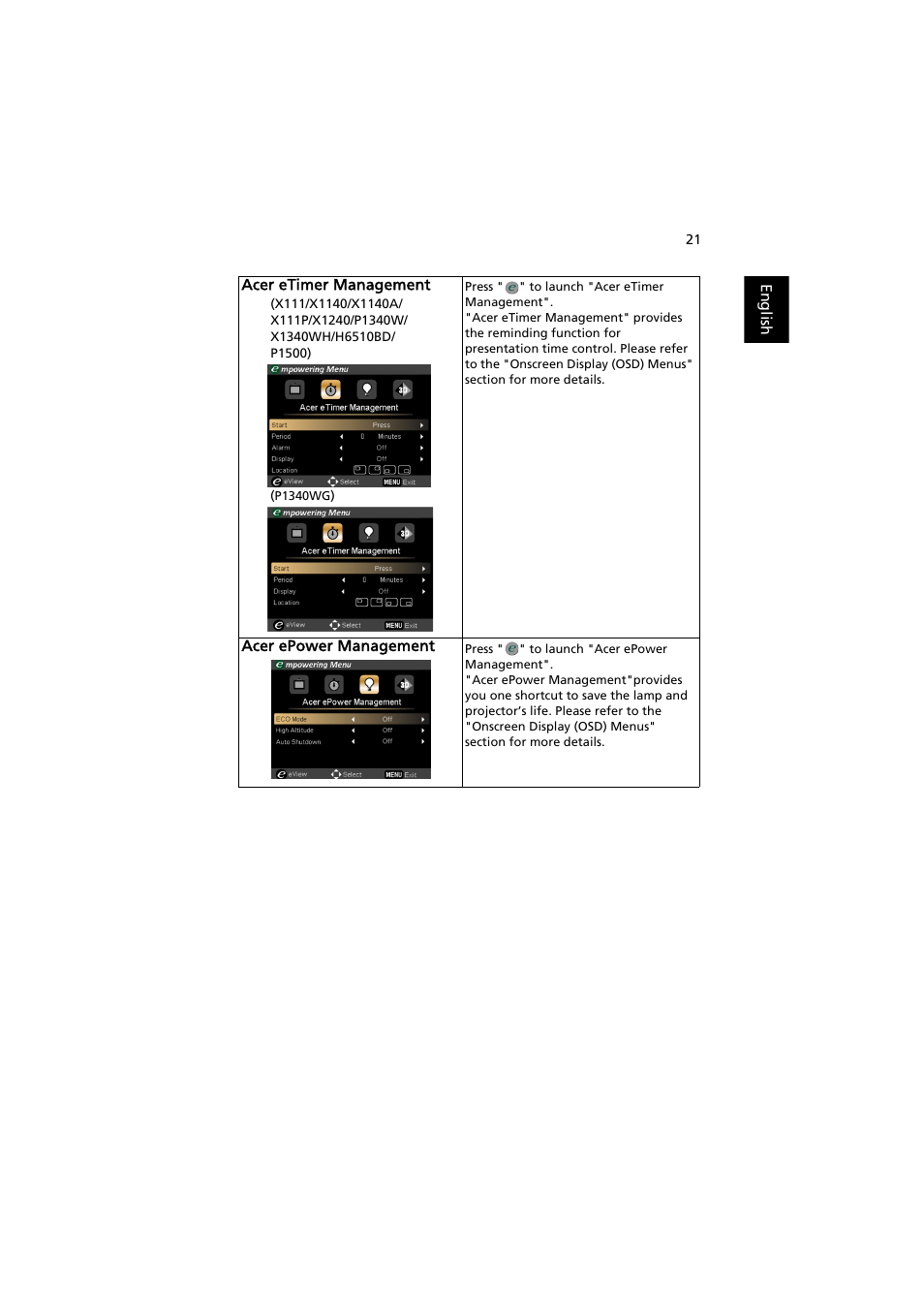 Er etimer management", "acer epower management" an | Acer P1500 User Manual | Page 31 / 70