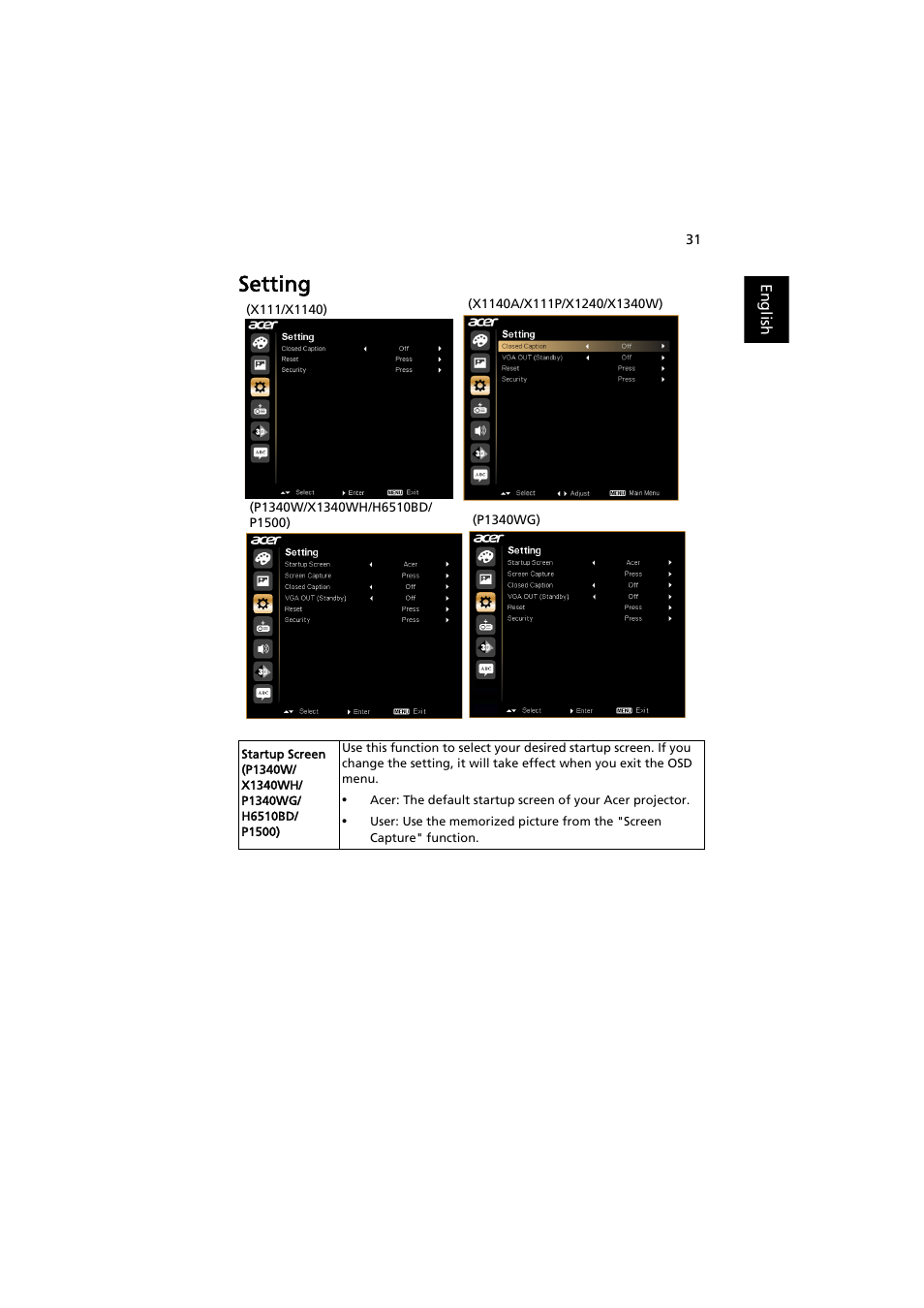 Setting | Acer P1500 User Manual | Page 41 / 70