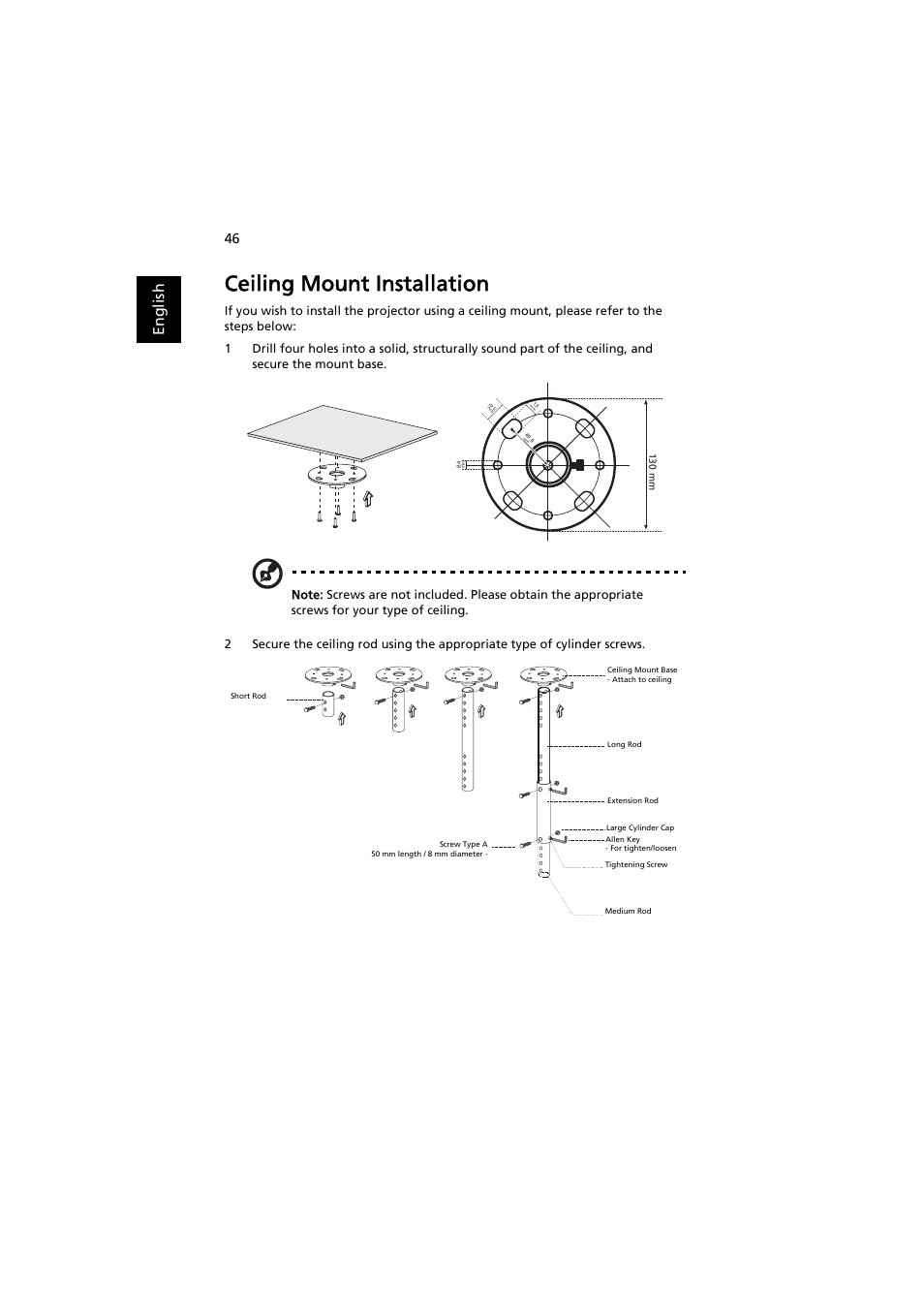 Ceiling mount installation, En gl ish | Acer P1500 User Manual | Page 56 / 70