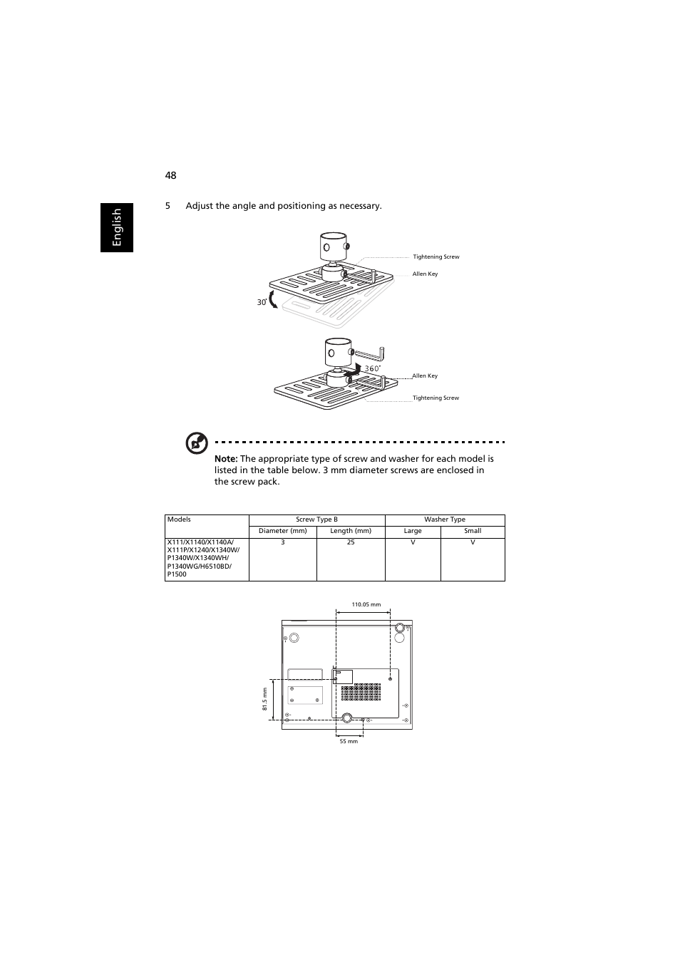 En gl ish | Acer P1500 User Manual | Page 58 / 70