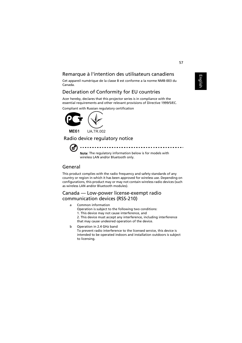 Remarque à l'intention des utilisateurs canadiens, Declaration of conformity for eu countries, Radio device regulatory notice | General | Acer P1500 User Manual | Page 67 / 70