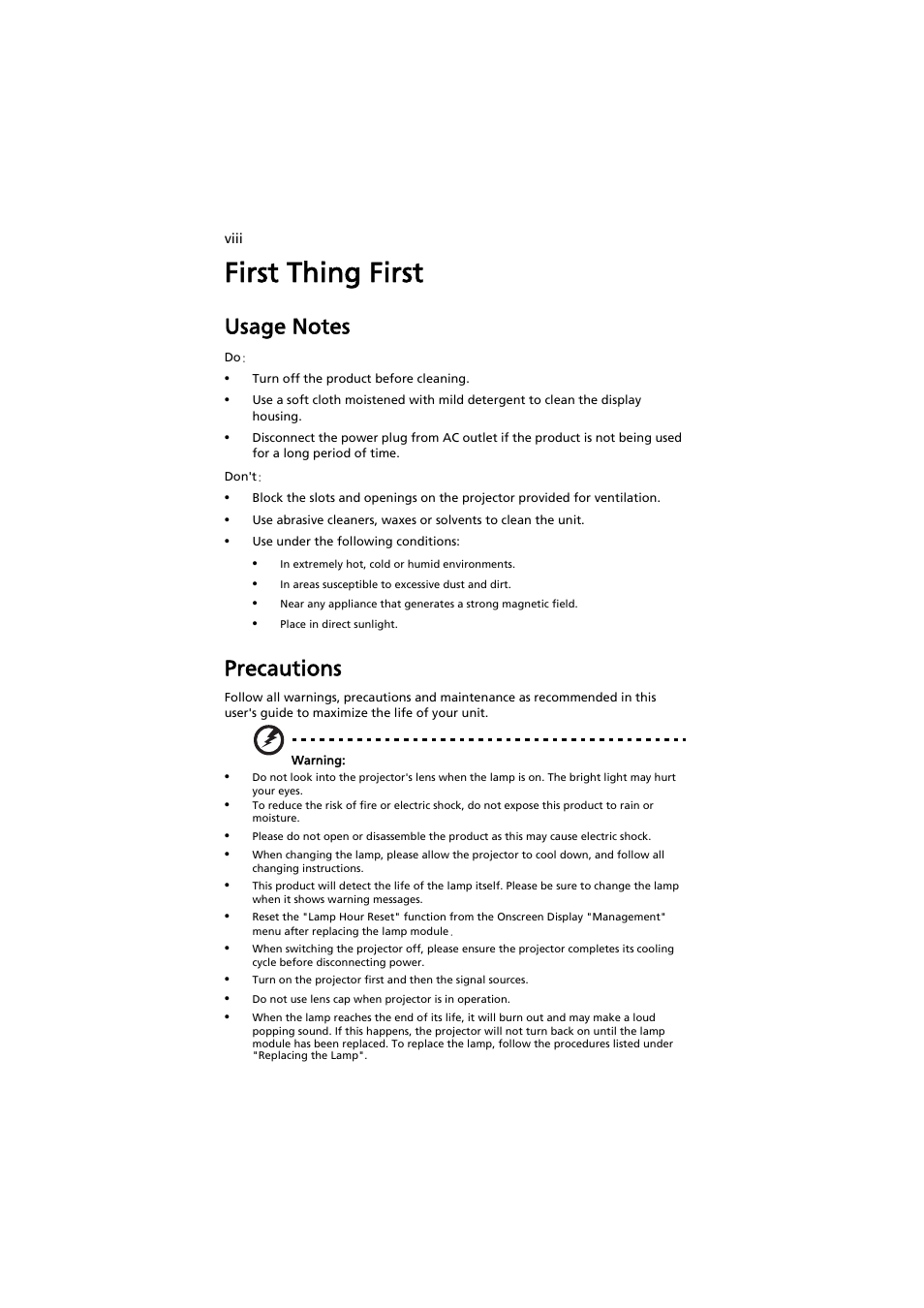 First thing first, Usage notes, Precautions | Acer P1500 User Manual | Page 8 / 70