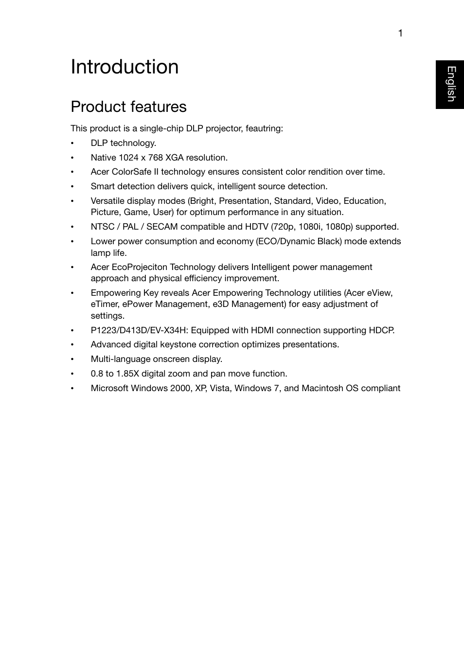 Introduction, Product features | Acer P1223 User Manual | Page 10 / 64