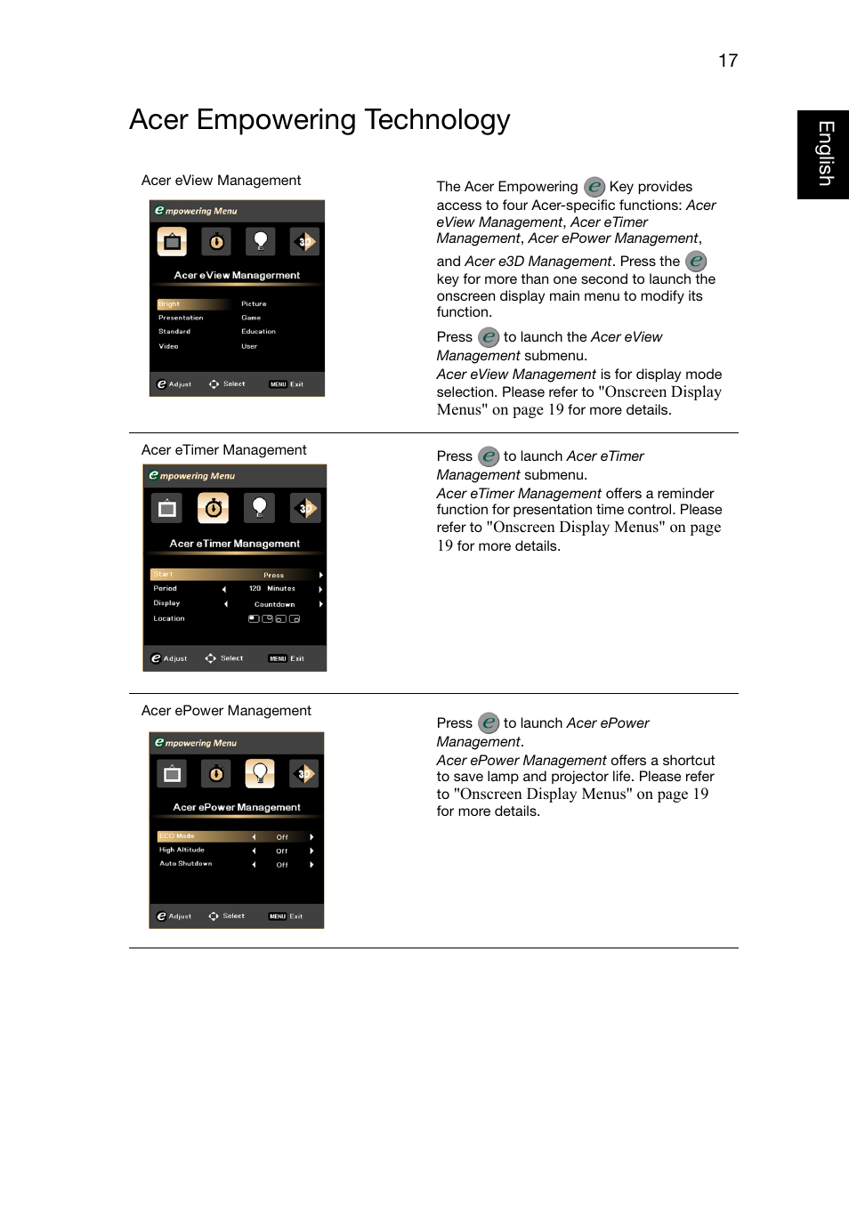 Acer empowering technology, Eng lish english | Acer P1223 User Manual | Page 26 / 64