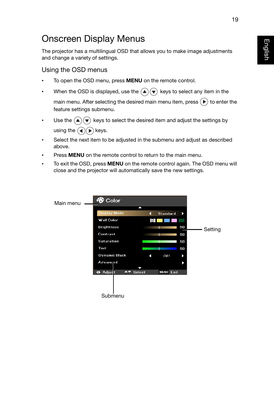 Onscreen display menus, Onscreen display | Acer P1223 User Manual | Page 28 / 64