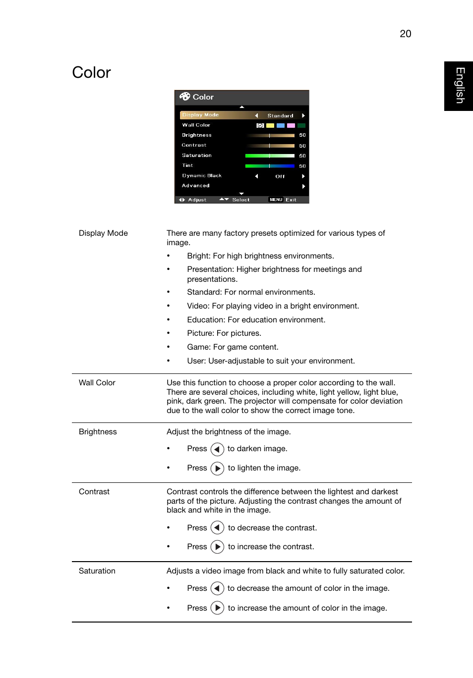 Color, Eng lish english | Acer P1223 User Manual | Page 29 / 64