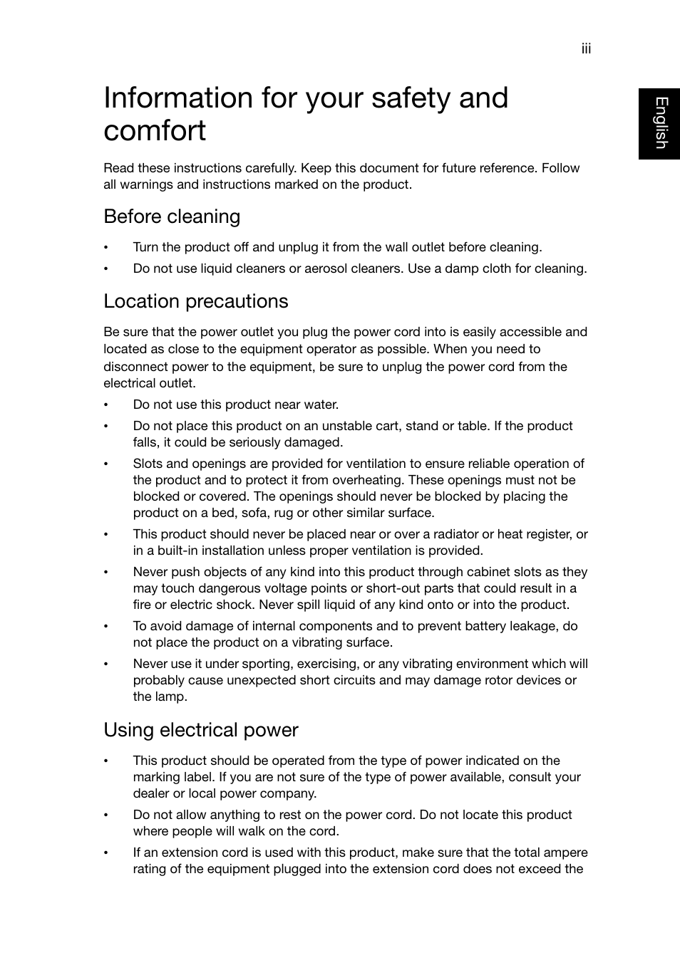 Information for your safety and comfort, Before cleaning, Location precautions | Using electrical power | Acer P1223 User Manual | Page 3 / 64