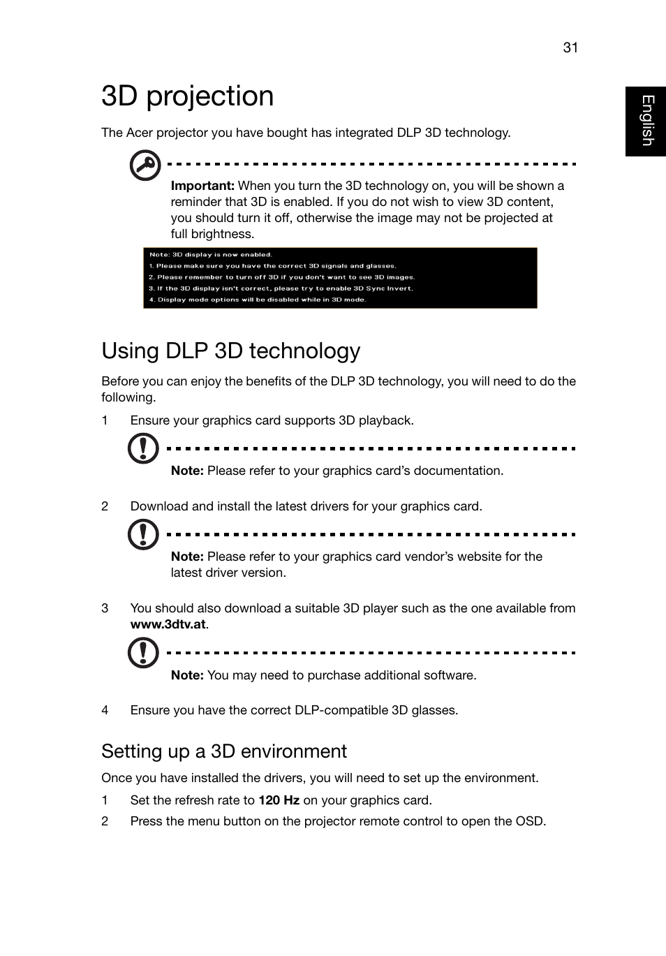 3d projection, Using dlp 3d technology, Setting up a 3d environment | Acer P1223 User Manual | Page 40 / 64