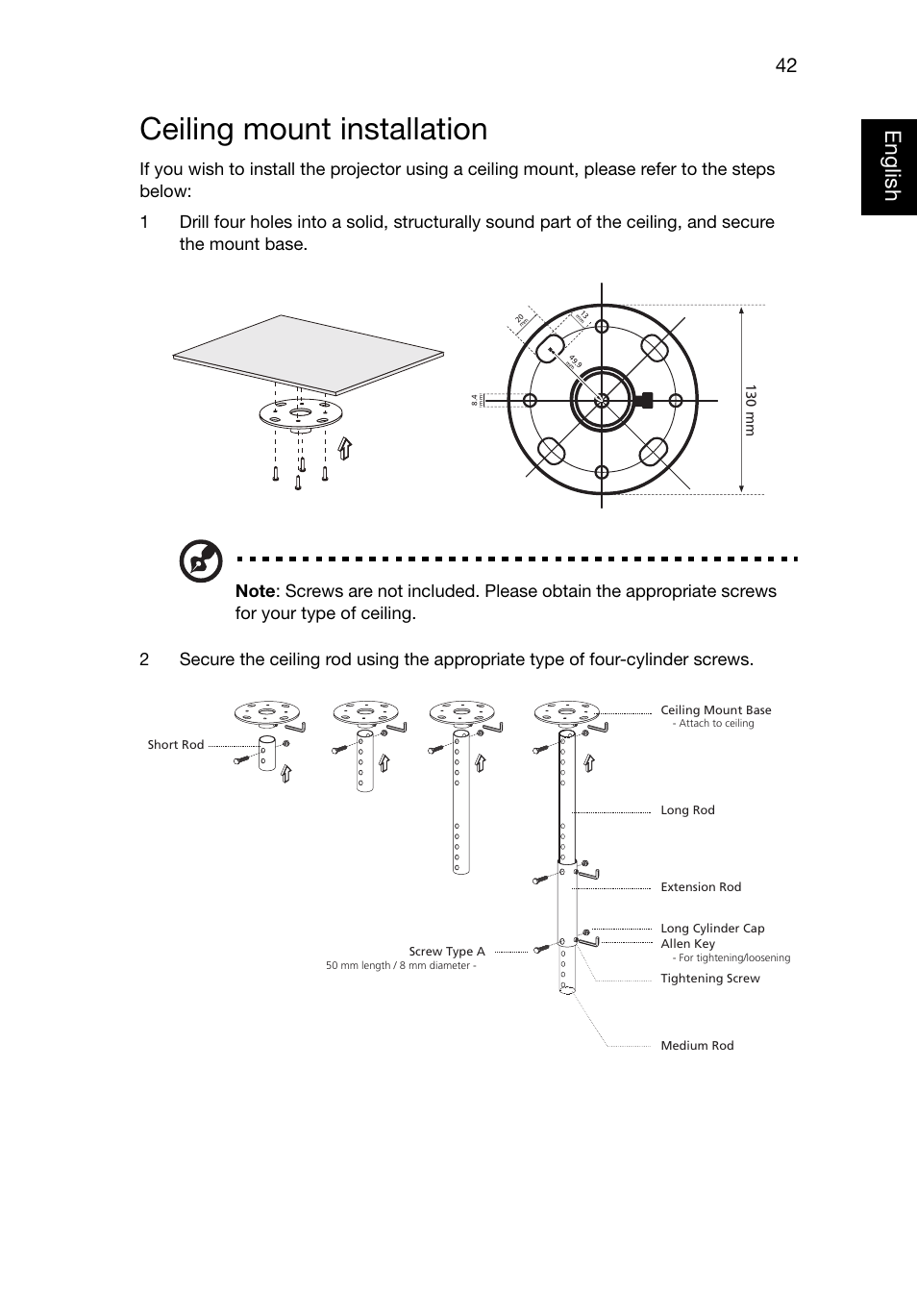 Ceiling mount installation, Eng lish english | Acer P1223 User Manual | Page 51 / 64