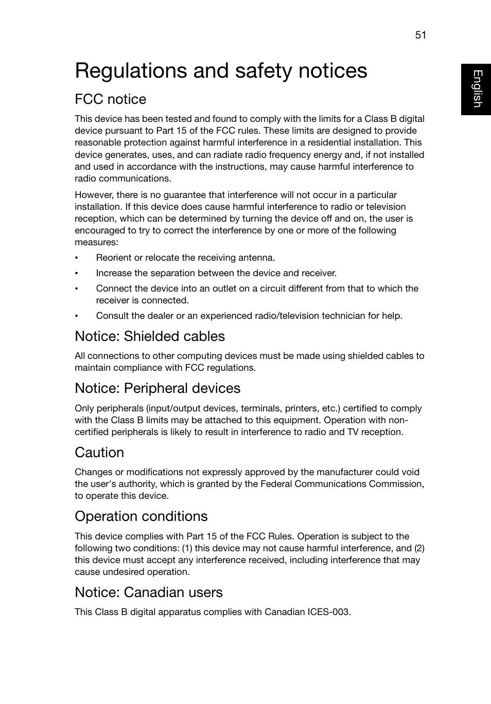 Regulations and safety notices, Fcc notice, Notice: shielded cables | Notice: peripheral devices, Caution, Operation conditions, Notice: canadian users | Acer P1223 User Manual | Page 60 / 64