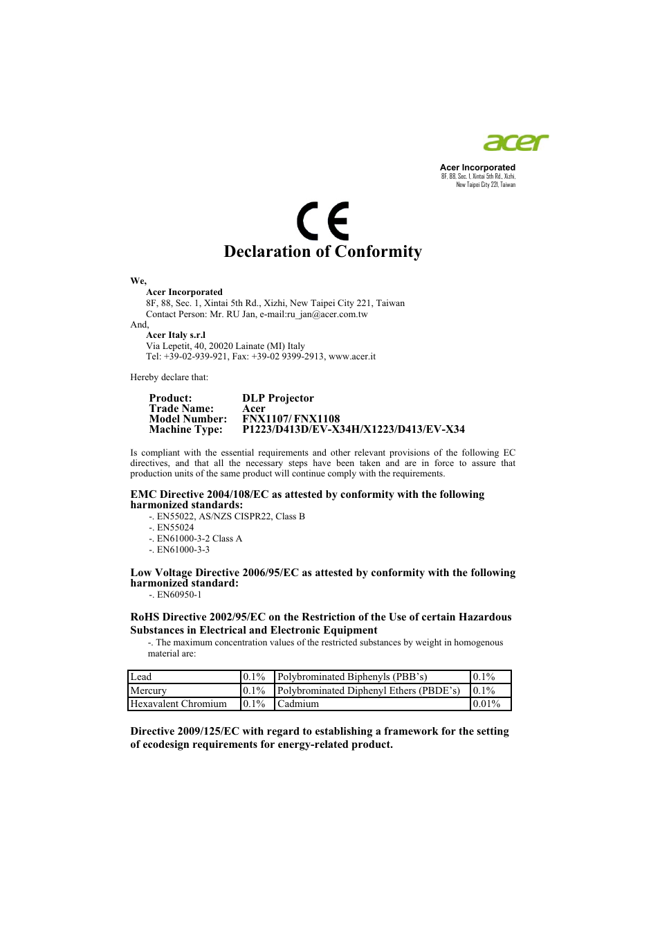 Declaration of conformity | Acer P1223 User Manual | Page 62 / 64