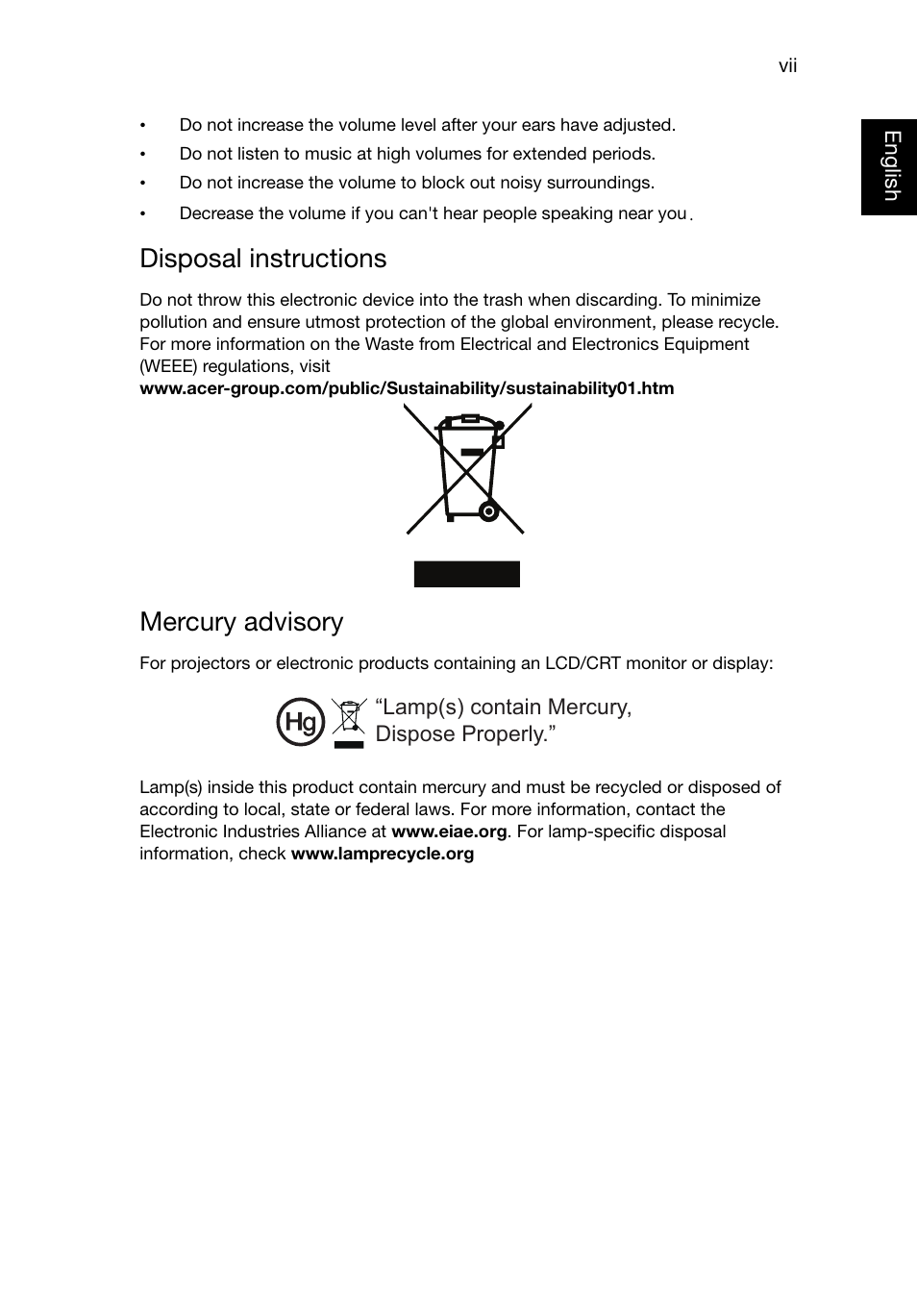 Disposal instructions, Mercury advisory | Acer P1223 User Manual | Page 7 / 64
