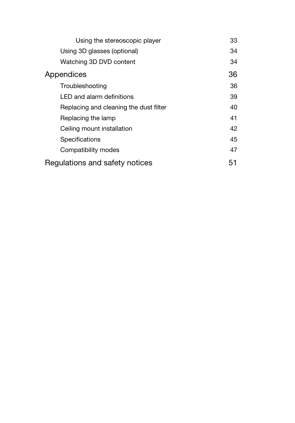 Appendices 36, Regulations and safety notices 51 | Acer P1223 User Manual | Page 9 / 64