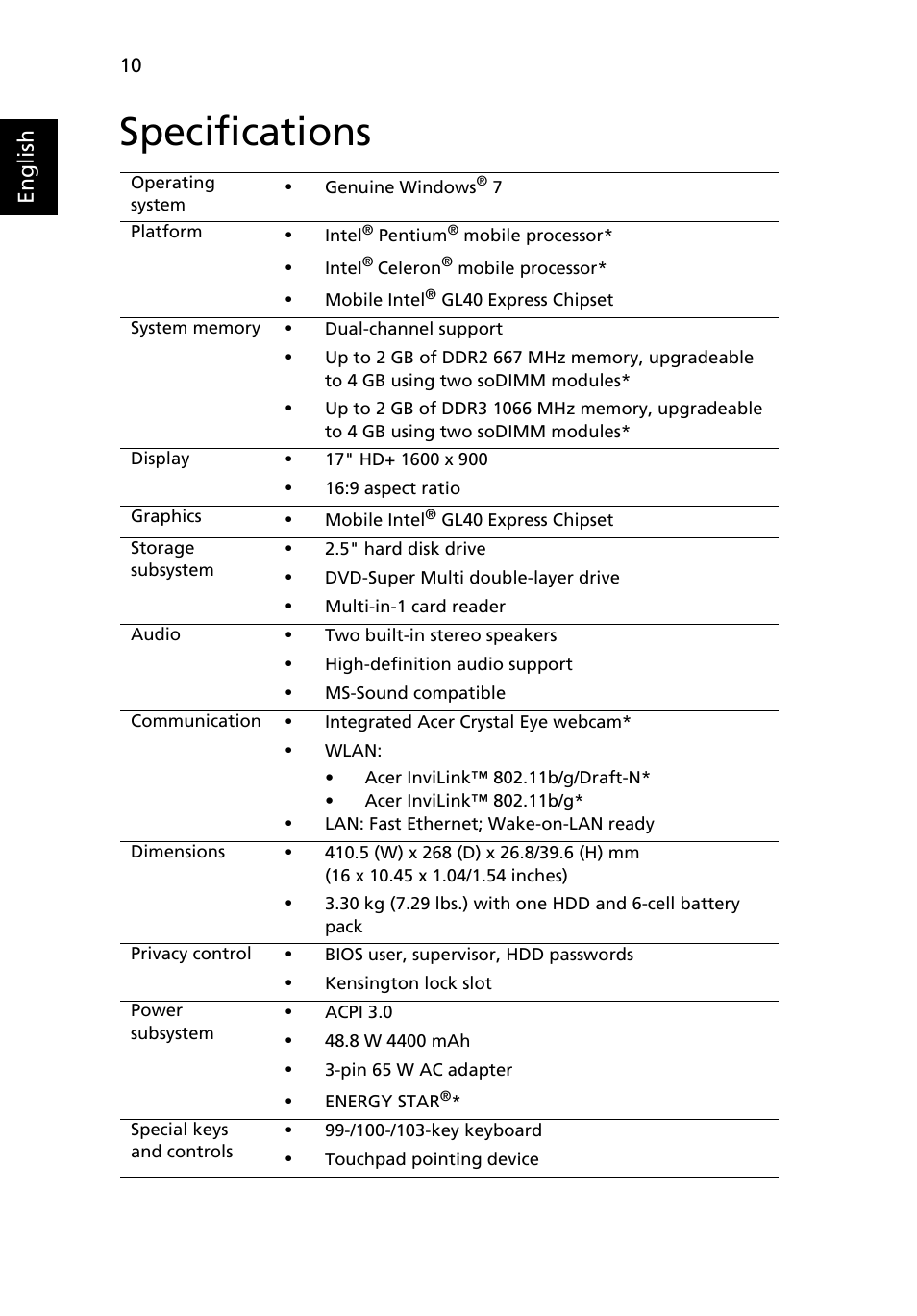 Specifications | Acer Aspire 7315 User Manual | Page 10 / 11