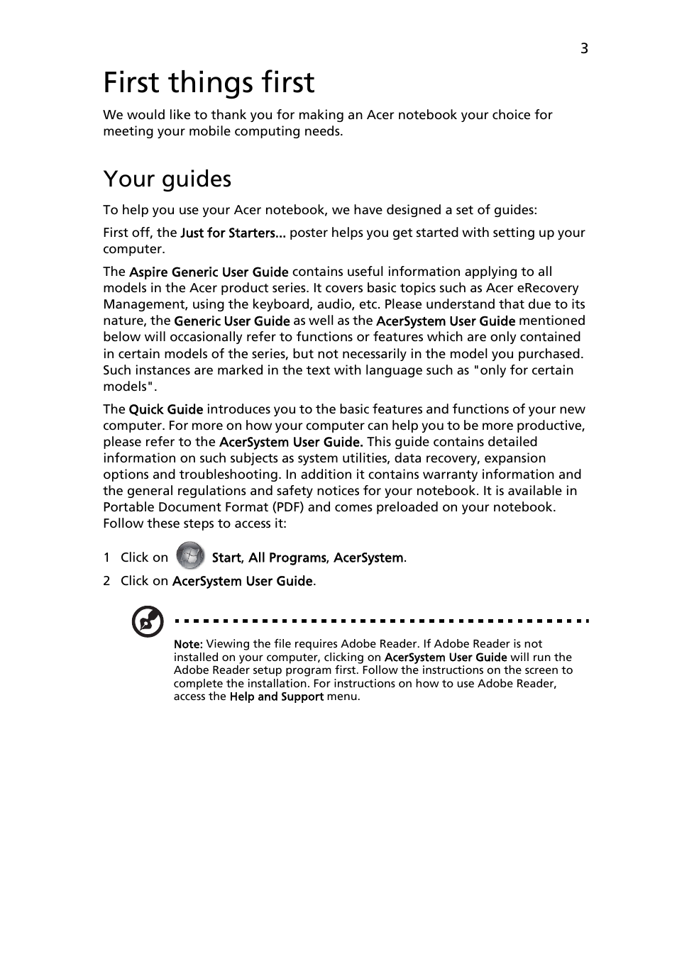 First things first, Your guides | Acer Aspire 7315 User Manual | Page 3 / 11