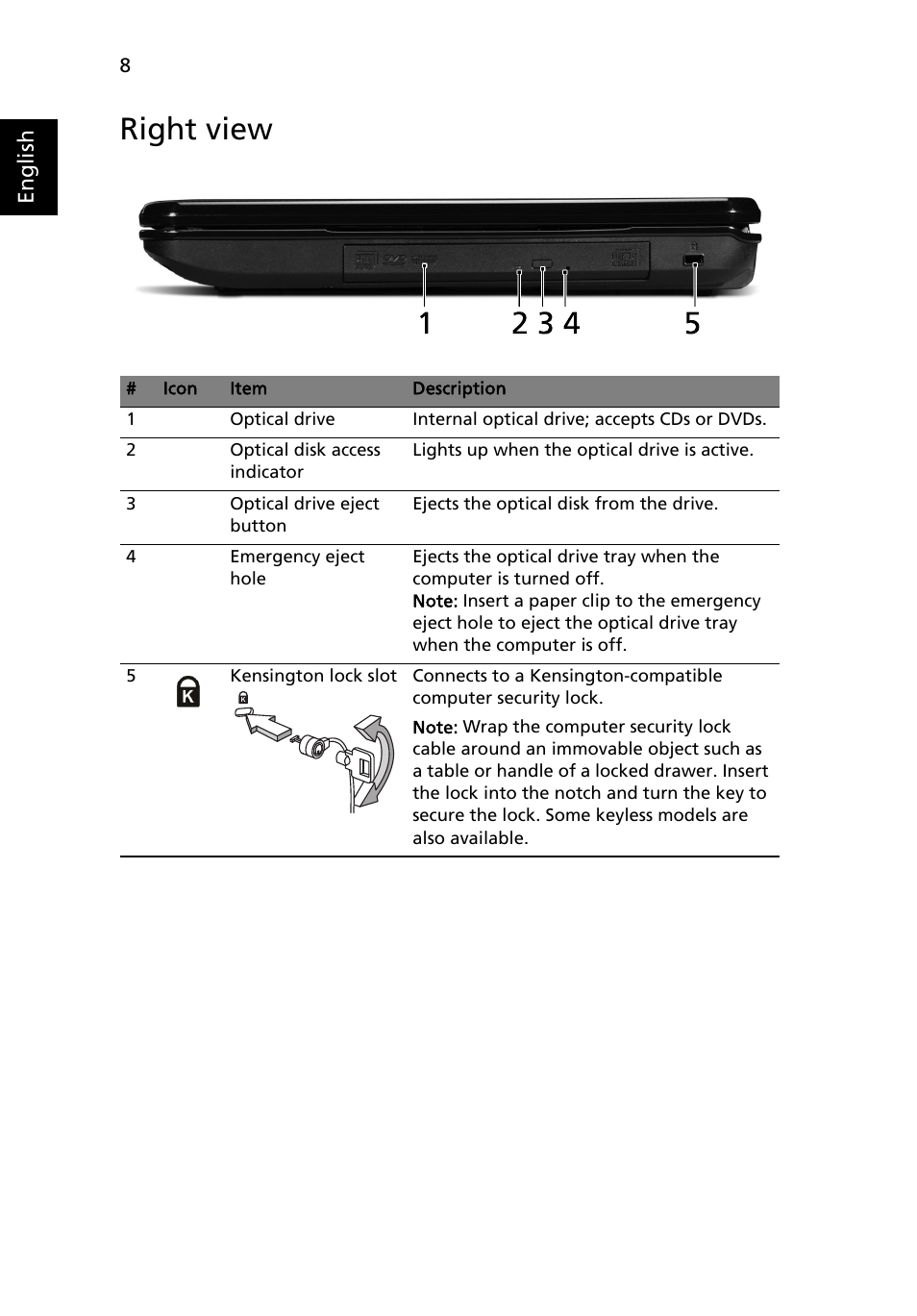 Right view | Acer Aspire 7315 User Manual | Page 8 / 11