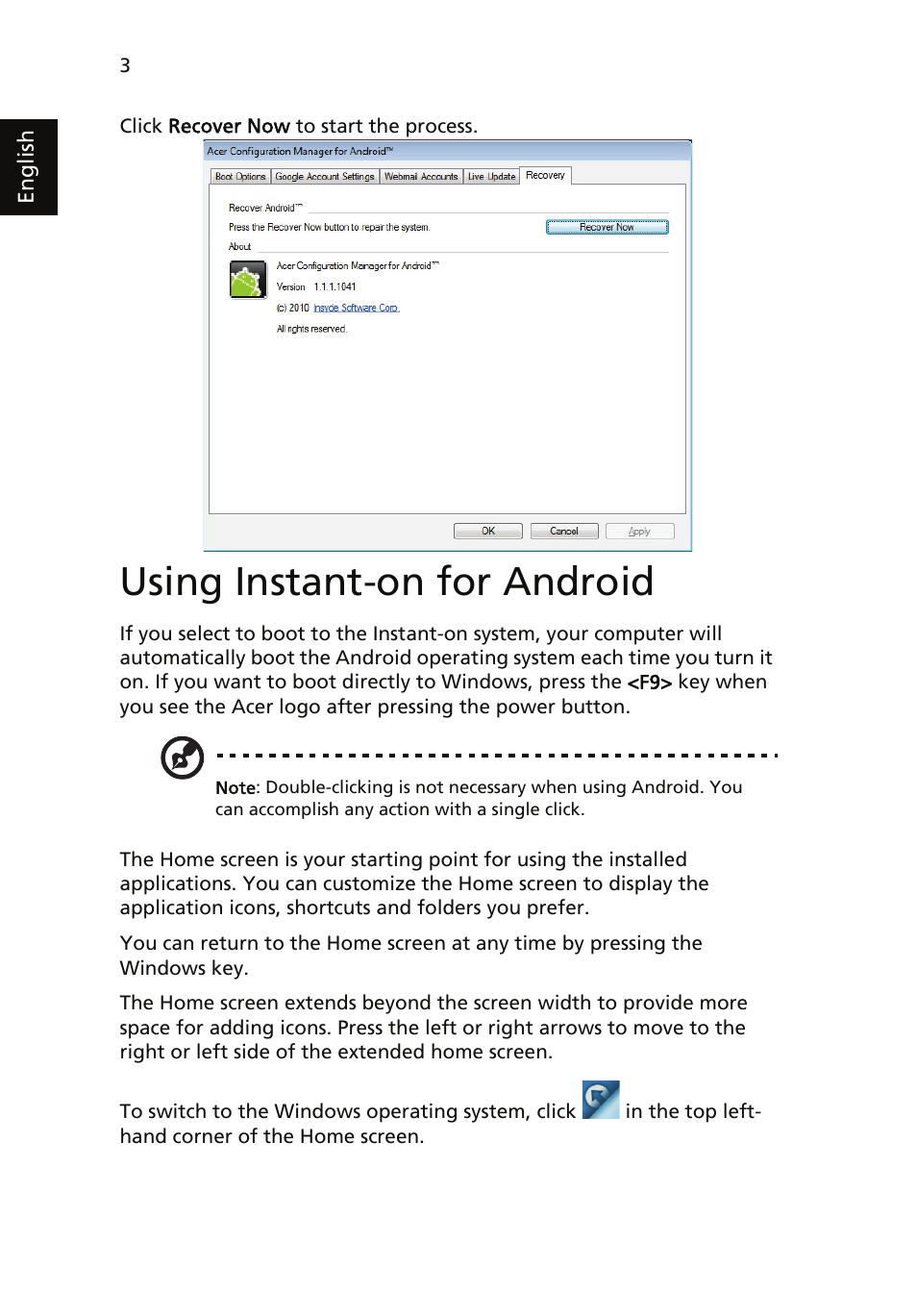 Using instant-on for android | Acer AOD257 User Manual | Page 6 / 8